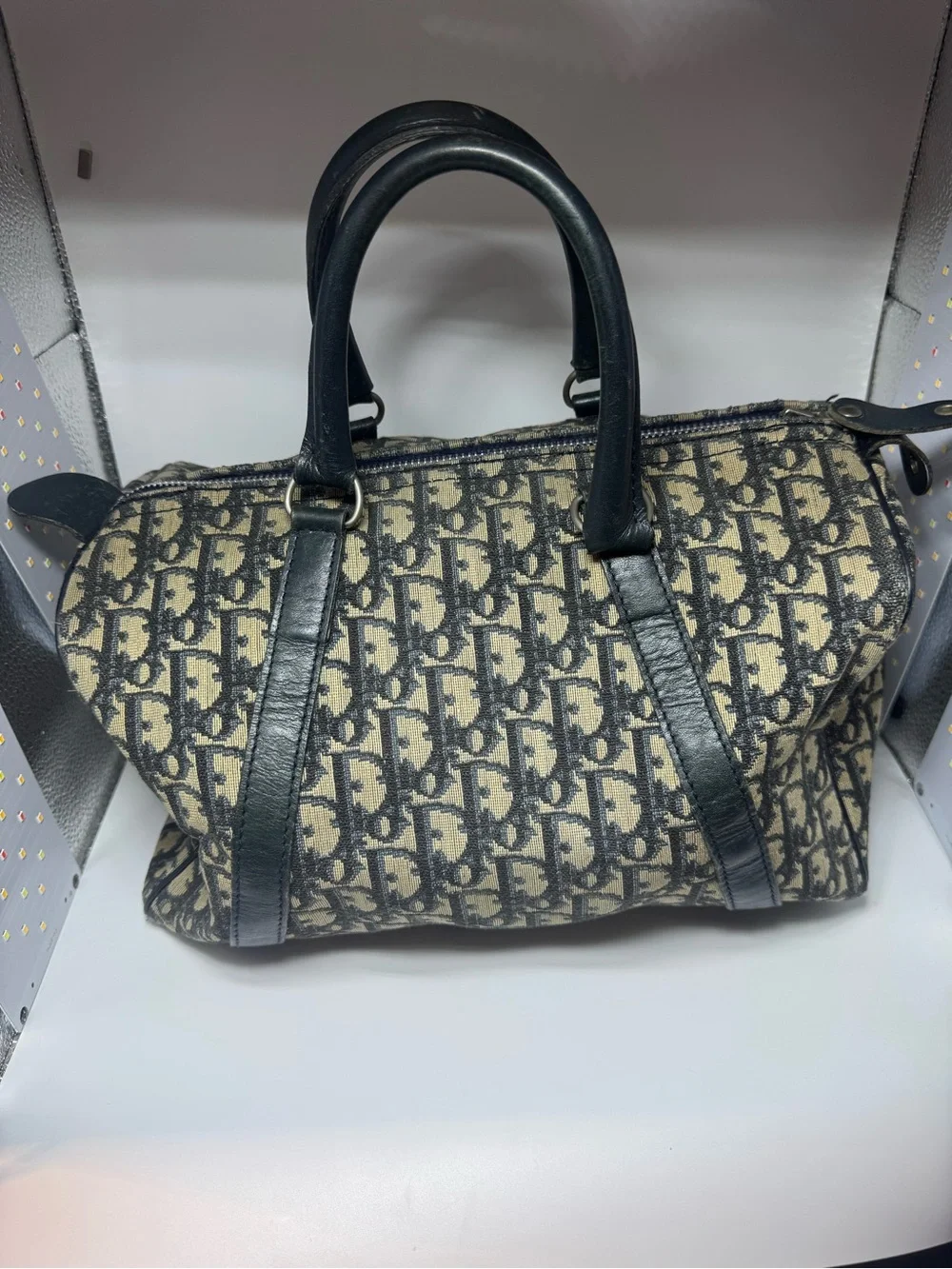 Christian Dior Oblique Boston Bag Blue Trotter Monogram Authentic Vintage Dior - Picture 1 of 16